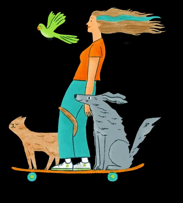 Illustration of a woman riding a skateboard with her dog, cat, and bird